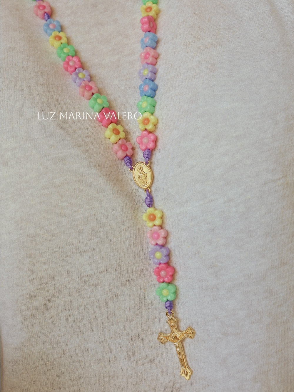 Kids Pastel Flower Bead Rosary Necklace with Gold Cross